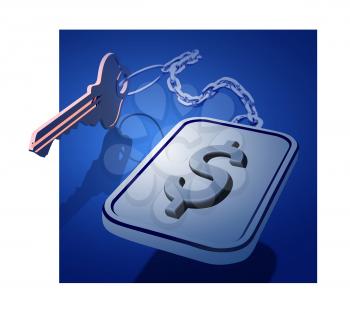 Keys with a keychain on a chain with a dollar icon. The concept of working with the preservation and enhancement of finance in the banking system. Bank cells, deposits, etc. Vector 3d illustration