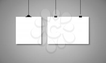 White paper hanging on binders with black rope with drop shadow. Vector illustration on grey background