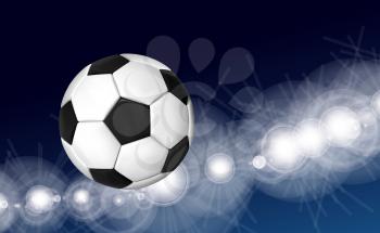Soccer ball flying over the evening sky in the light of spotlights and flashes of a football stadium. Vector