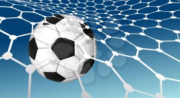 Soccer ball flying into the net of a soccer goal net. Goal. Vector illustration design on blue sky background