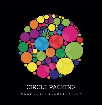 Circle packing vector illustration. Circles are placed in such a way that they touch, but do not intersect. Illustration on black