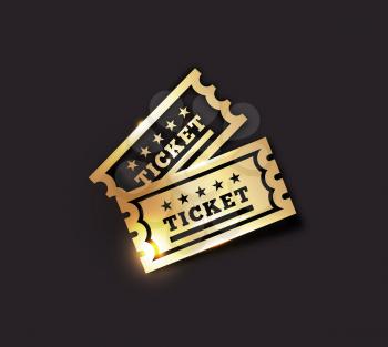 Vector Golden Vintage Ticket Icon on dark background. Gold on black design