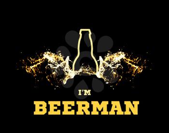 Vector illustration of a beerman with beer wings in the form of splashes and a silhouette of a bottle on black background