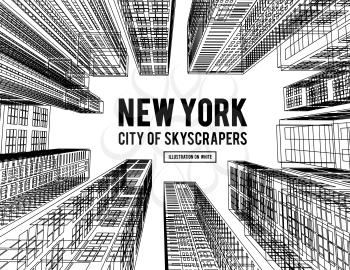 New York is a city of skyscrapers. Vector illustration in the drawing style on a white background. View of the skyscrapers below