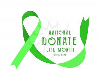 National donate life month. Vector illustration with green ribbon on light background