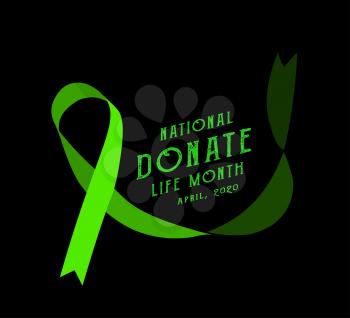 National donate life month. Vector illustration with green ribbon on black background
