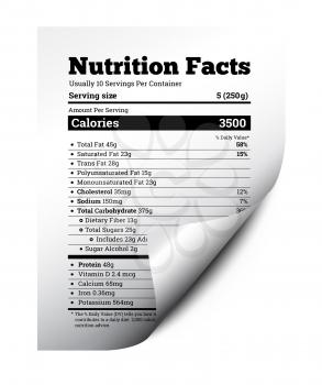 Nutrition facts label design with page curl. Vector illustration