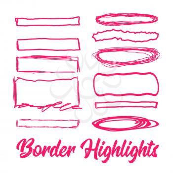 Hand drawn highlighter elements. Vector borders on white background