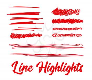 Hand drawn highlighter elements. Vector lines on white background
