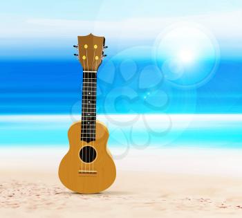 Ukulele guitar on the beach, against the background of the sea or ocean. Vector illustration in a tropical style.