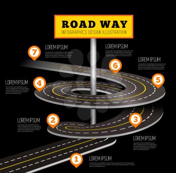 Road way design infographics. Vector illustration on black