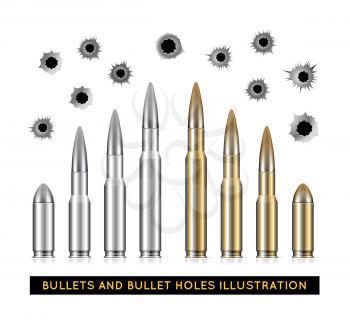 Bullets and bullet holes. Vector illustration on white background