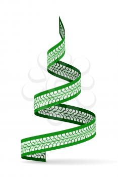 New Year tree made of tire tracks twisted in a spiral shape. Vector 3d illustration on a white background with shadow
