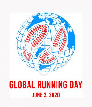 Global running day, 2020. Annual wellness event with globe and shoeprint. Vector illustration