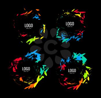 A series of circular logos in a natural style on a black background. Vector illustration