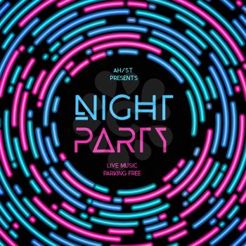Night party vector illustration. Neon lights. Irregular rounded lines design style.