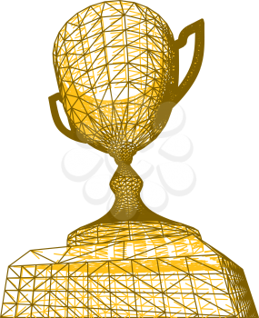 Winning golden award cup with polygonal grid on dark background. Vector illustration. Wide angle persective