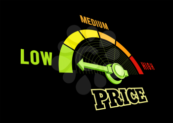 Low price speedometer vector 3d illustration on black background. Can be used as a promotional sale of fuel or other goods