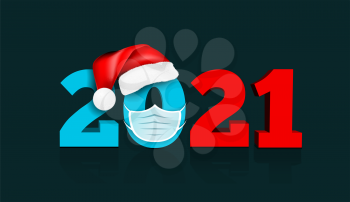 Happy New Year 2021. Figures under the hat of Santa Claus and medial face mask. Against coronavirus, covid-19. Vector illustration on dark blue background