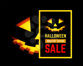 Hallloween sale vector illustration with pumpkin face on black background