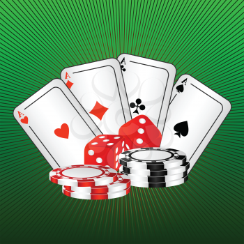 Royalty Free Clipart Image of Playing Cards and Dice