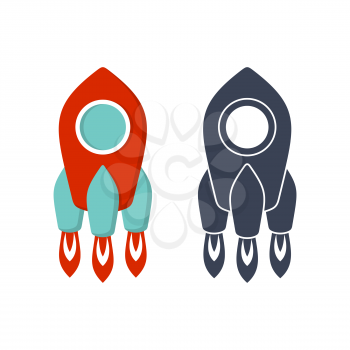 Multicolored rocket and an contour of a dark blue rocket on a white background.
