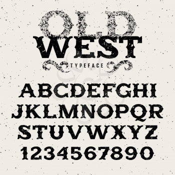 Vintage western alphabet / Retro font in wild west style / Old West typeface with grunge effect / Textured letters and numbers for labels and posters