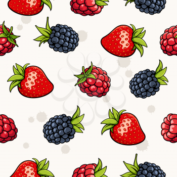 Seamless background with strawberry, blackberry, raspberry. Garden berries on light backdrop. It can be use as a pattern for fabric, web page background