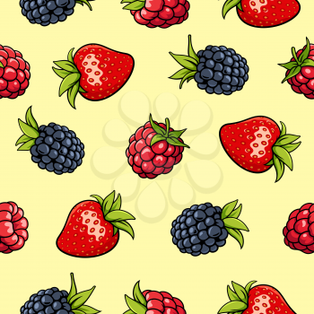 Seamless background with strawberry, blackberry, raspberry. Garden berries on yellow backdrop. It can be use as a pattern for fabric, web page background