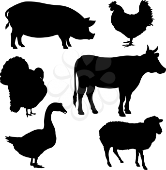 Vector silhouettes of farm animals isolated on white