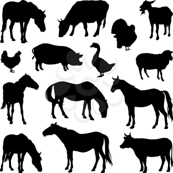 Vector silhouettes of farm animals isolated on white. Livestock and poultry