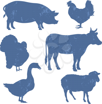 Farm animals, vector silhouettes with grunge effect