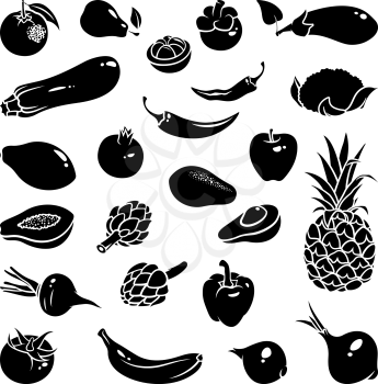 Icons of fruits and vegetables: mangosteen, pepper, chili, pear, banana, avocado, orange, pomegranate, zucchini, papaya, artichoke, apple, pineapple, onion, eggplant, tomato, cauliflower, beetroot, beet