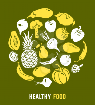 Healthy food vector illustration with silhouettes of vegetables and fruits