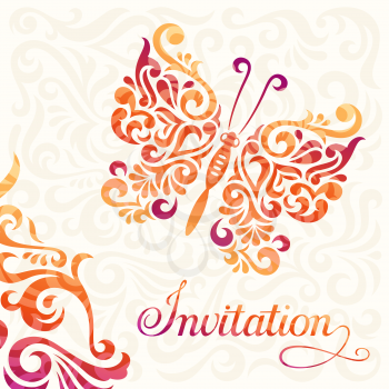 Invitation template in vintage style with abstract floral background and butterfly