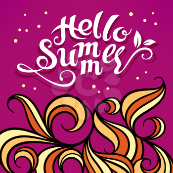 Handmade calligraphic typography lettering Hello Summer. Abstract vector background. Floral pattern