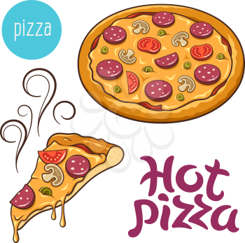 Classic pizza. Slice of pizza and whole. Hot Pizza handmade inscription. Vector illustration for contemporary design