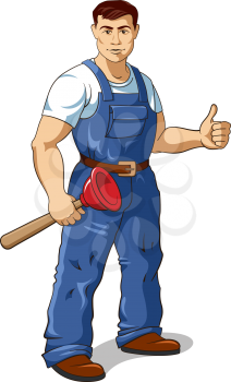Vector illustration of a plumber holding a plunger
