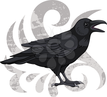 Black raven.This vector illustration can be used as a print on T-shirts, tattoo element or other uses