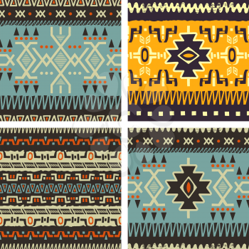 Set of hand drawn ethnic seamless backgrounds. Tribal patterns for your design. Use for fabric, pattern fills, web page background. Zigzag and stripe line