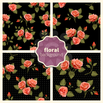 Set of trendy seamless patterns with beautiful flowers. Abstract vector backdrops. Hand-drawn backgrounds with red roses. Use for fabric design, pattern fills, web page background