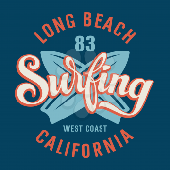 Surfing artwork. California Long Beach design. Vector illustration in vintage style for T-shirt print
