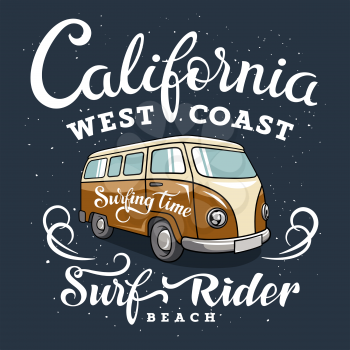 Surfing artwork with a hippie camper van. California West Coast. Surfrider beach. T-shirt apparel print graphics. Original graphic Tee