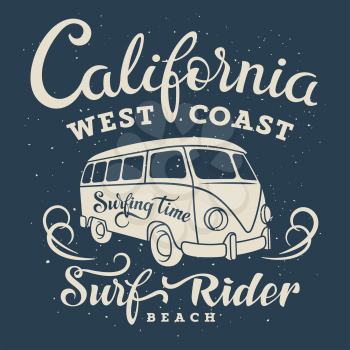 Surfing artwork with a hippie van. California West Coast. Surfrider beach. T-shirt apparel print graphics. Original graphic Tee
