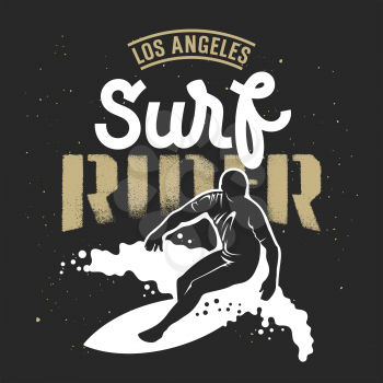 Surfing artwork. Surf Rider textured lettering. T-shirt apparel print graphics. Original graphic Tee