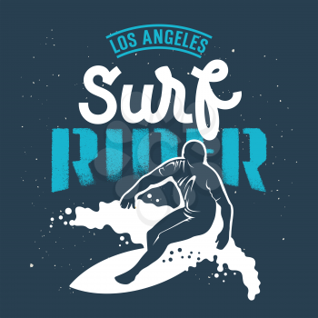 Surfing artwork. Los Angeles Surf Rider hand made lettering. T-shirt apparel print graphics. Original graphic Tee