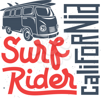 Surfing artwork. Surf California vintage lettering. T-shirt apparel print graphics. Original graphic Tee