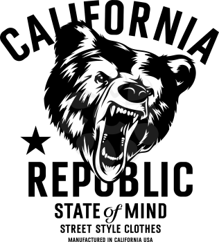 California Republic vintage typography with a  head of a grizzly Bear, t-shirt print graphics
