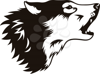 Stylised head of wolf isolated on white. This vector illustration can be used as a print on T-shirts, tattoo element or other uses