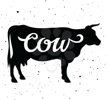 Cow silhouette with a calligraphic inscription Cow on a grunge background. Vector illustration